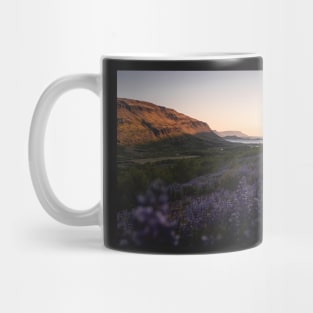 Field of Lupine Flowers During Sunset in Iceland Mug